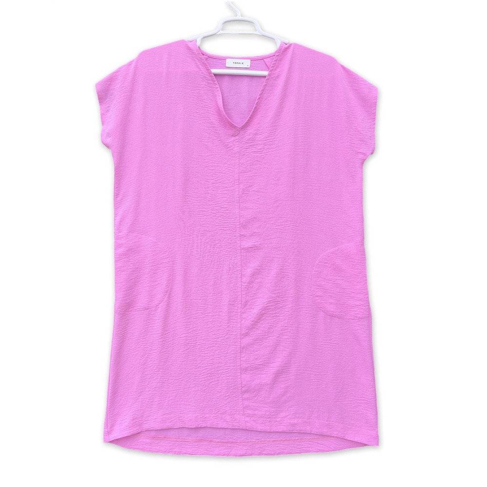 Yana K Shift Dress Womens Medium Pink Textured VNeck Short Sleeve Pockets Airflo